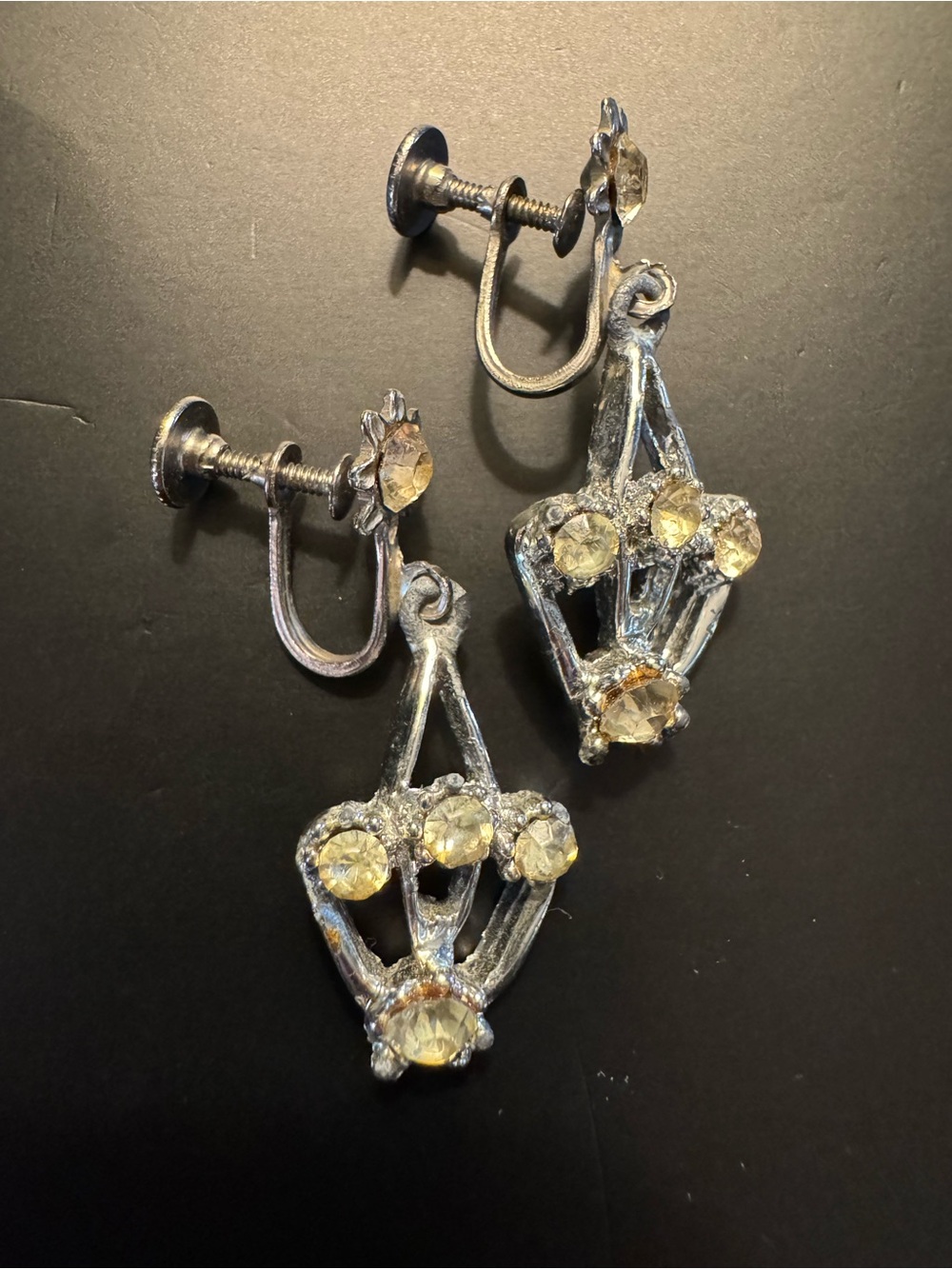 Vintage Rhinestone Screw Back Dangle Earrings Silver Tone Mid Century